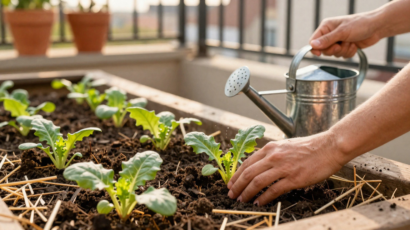Mãos a cuidar de plantas jovens numa horta urbana com regador metálico ao fundo.