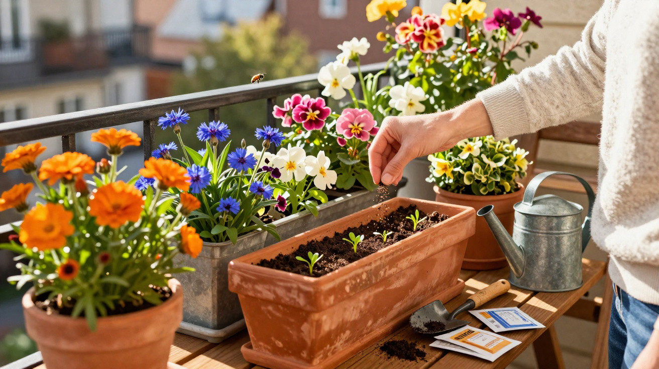 Pessoa a semear sementes em vaso com plantas e flores coloridas num terraço ensolarado.