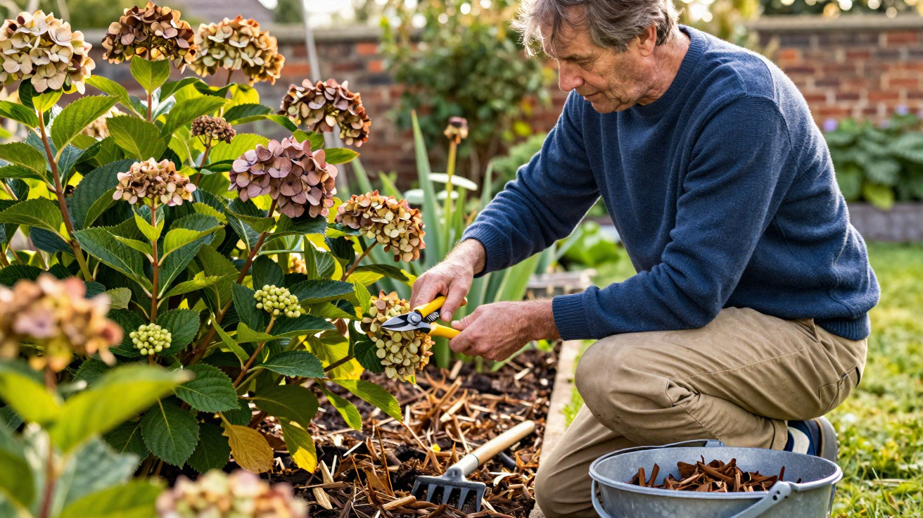 Homem a podar flores secas de hortênsia num jardim, com ferramentas e balde ao lado.