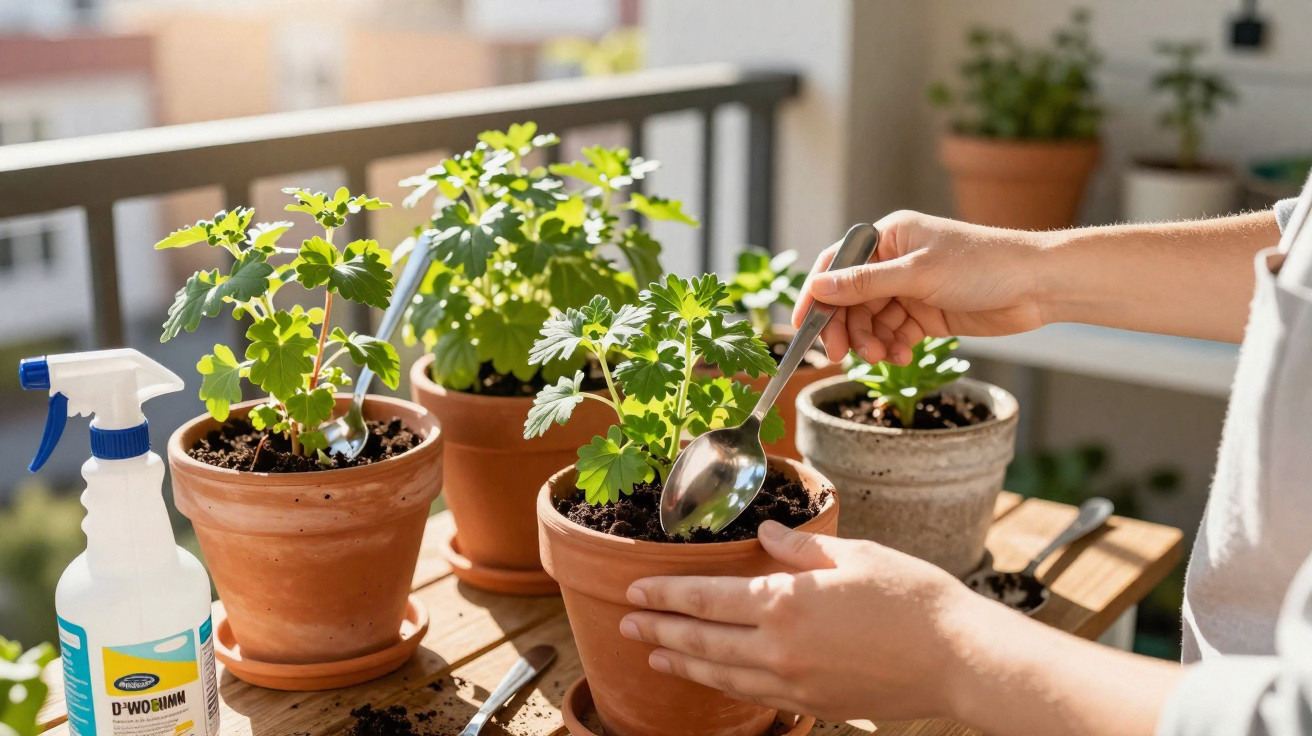 Mãos a cuidar de plantas em vasos de barro numa varanda com luz natural, usando colher para mexer a terra.