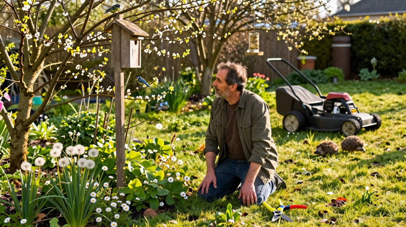 Homem ajoelhado no jardim a observar passarinhos numa casa de pássaros entre flores e árvores floridas.