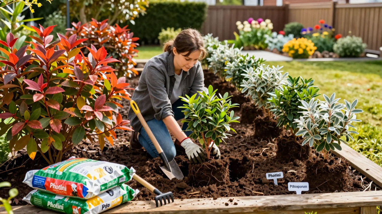 Mulher a plantar arbustos num canteiro de jardim com ferramentas e sacos de terra à volta.