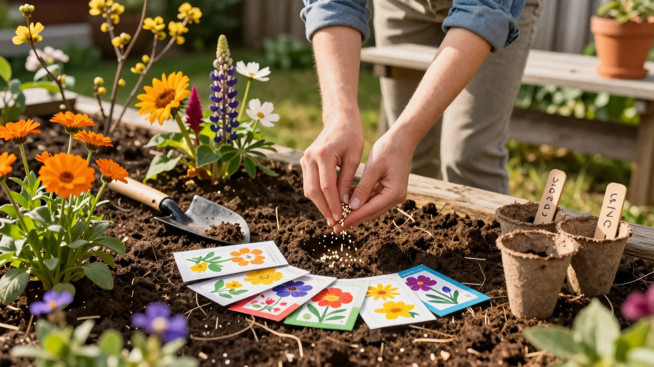 Mãos a semear sementes em canteiro com sacos de sementes, flores e vasos de plantação.