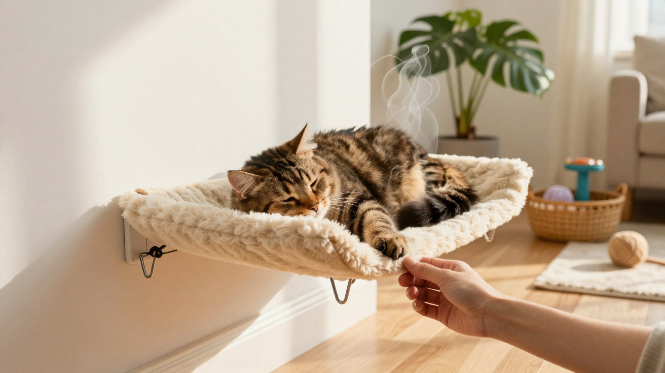 Gato malhado deitado numa cama suspensa junto à parede enquanto uma mão lhe toca a pata.