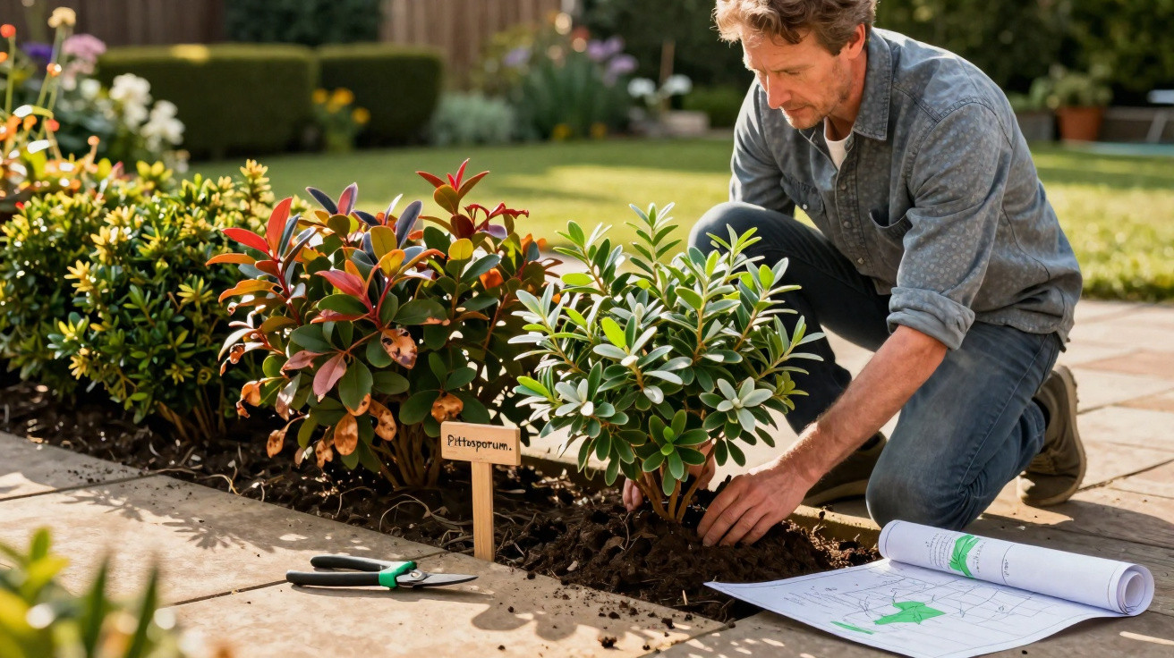 Homem a plantar arbustos Pittosporum num jardim ensolarado com esquadro e mapas ao lado.