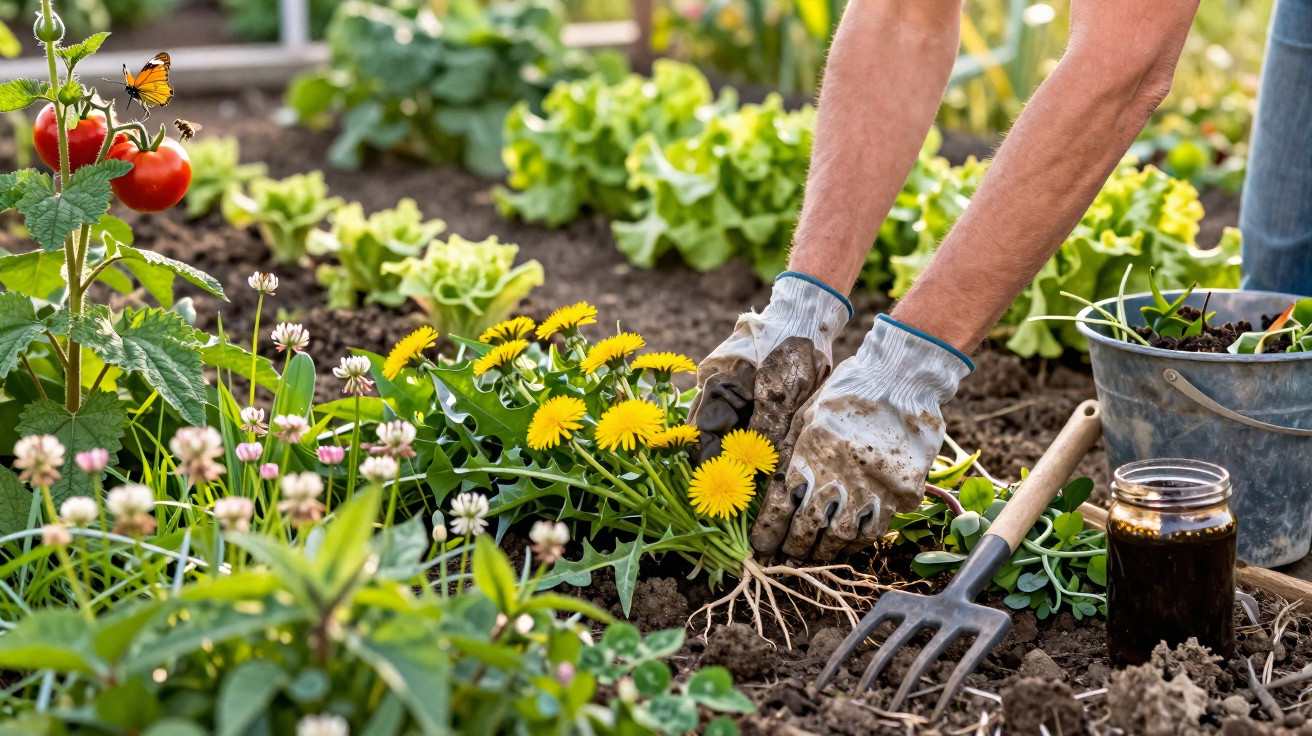 Mãos com luvas a arrancar dente-de-leão num jardim com plantas e tomateiros maduros.