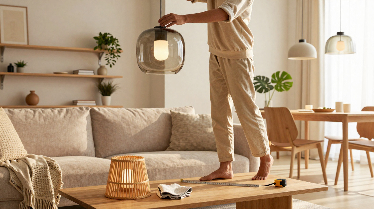 Pessoa a instalar candeeiro no teto numa sala de estar moderna e luminosa, com sofá e mesa de madeira.