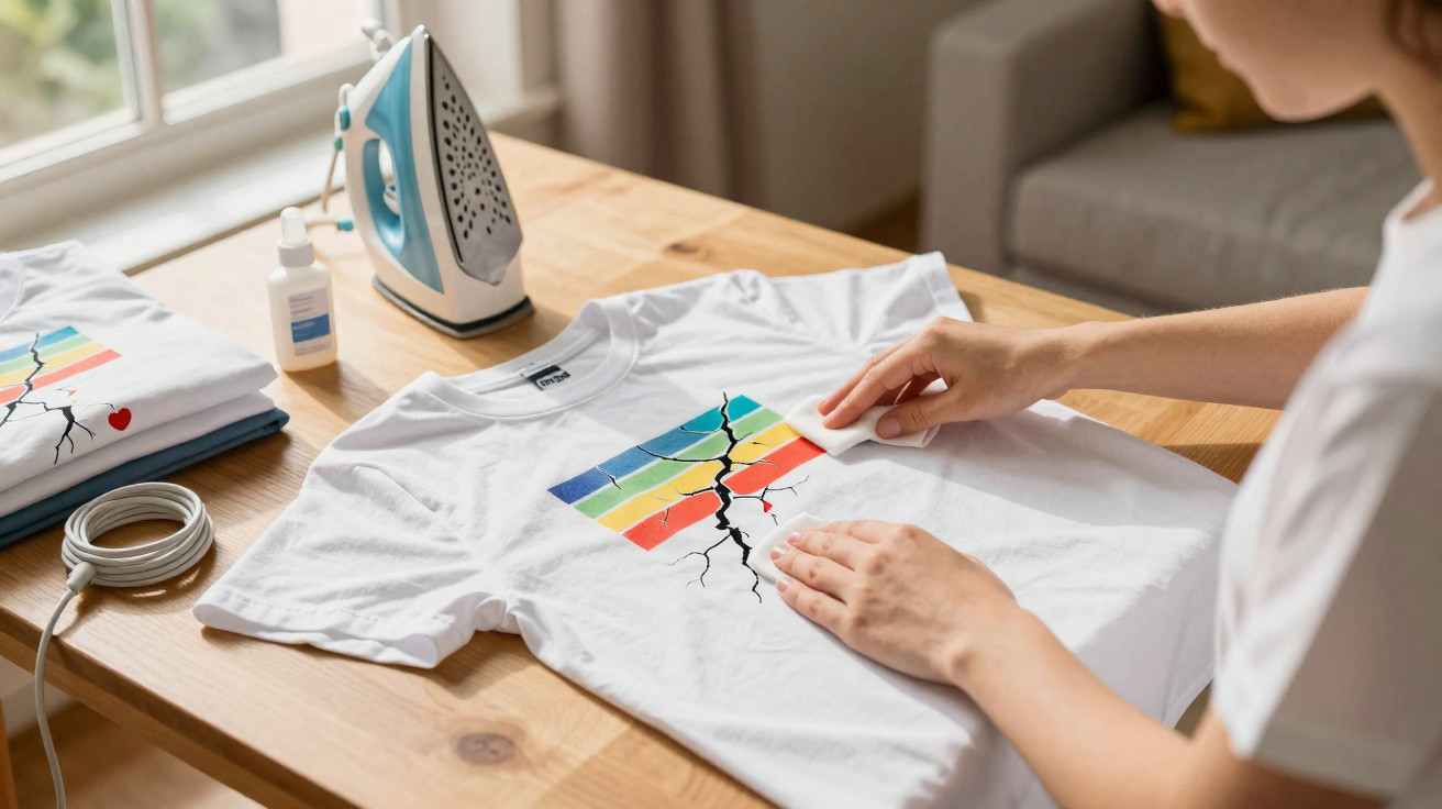 Pessoa a remover mancha de tinta preta de t-shirt branca com estampa colorida numa mesa de madeira.