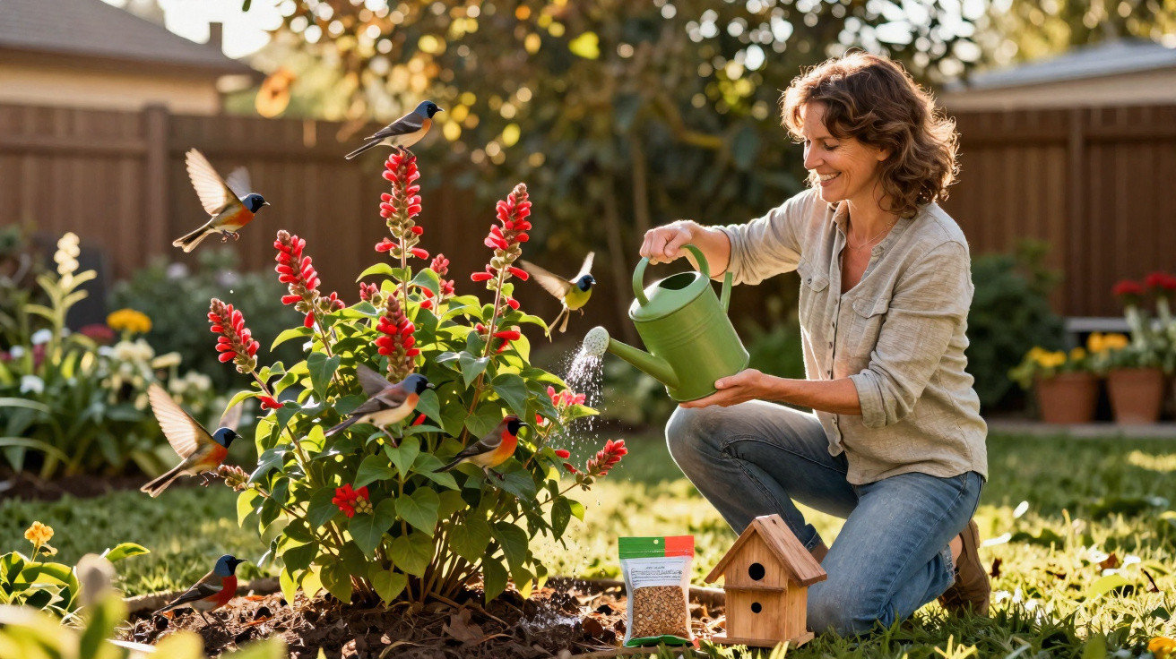 Mulher a regar plantas numa horta, rodeada de pássaros que voam perto das flores vermelhas.