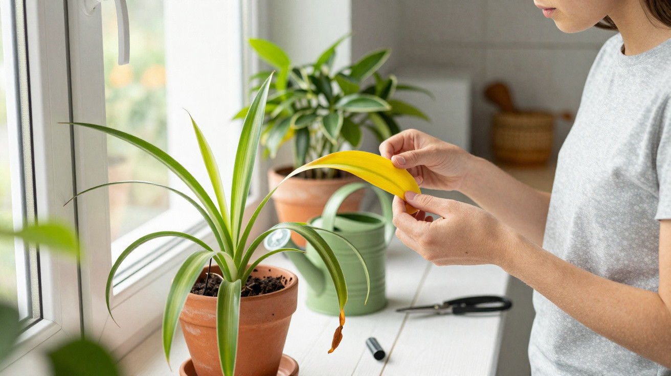Pessoa a remover folha amarela de planta em vaso num peitoril de janela.