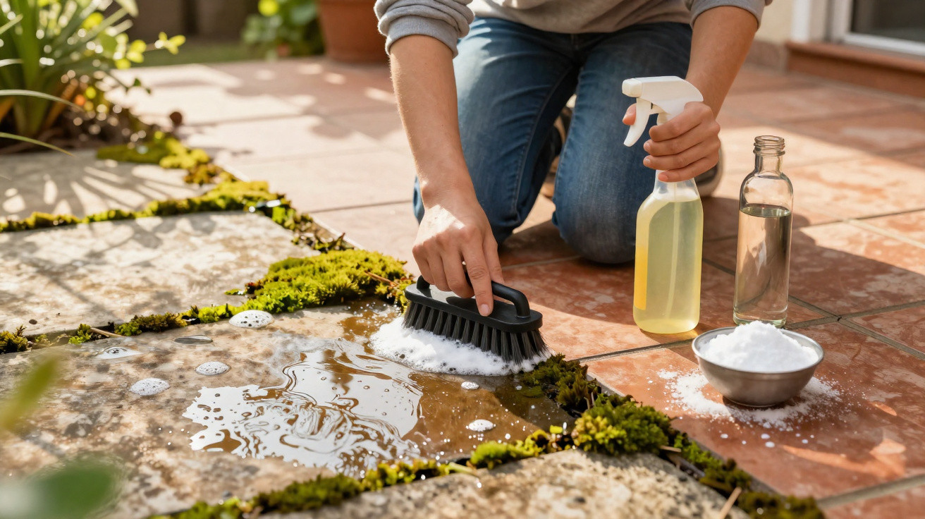 Pessoa a limpar musgo de pavimento exterior com escova, pulverizador e produtos de limpeza naturais.