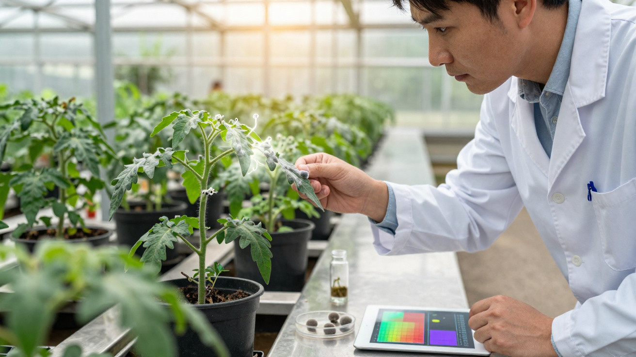 Cientista numa estufa a examinar plantas em vasos e a usar tablet para análise de dados.