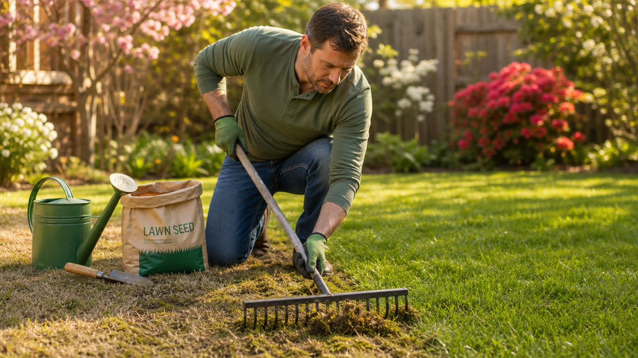 Homem a cultivar o relvado com ancinho num jardim ao ar livre, rodeado de plantas e flores.