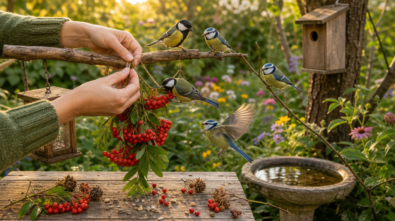 Mãos a colocar bagas vermelhas num galho para aves pequenas numa árvore com casa de pássaros num jardim florido.