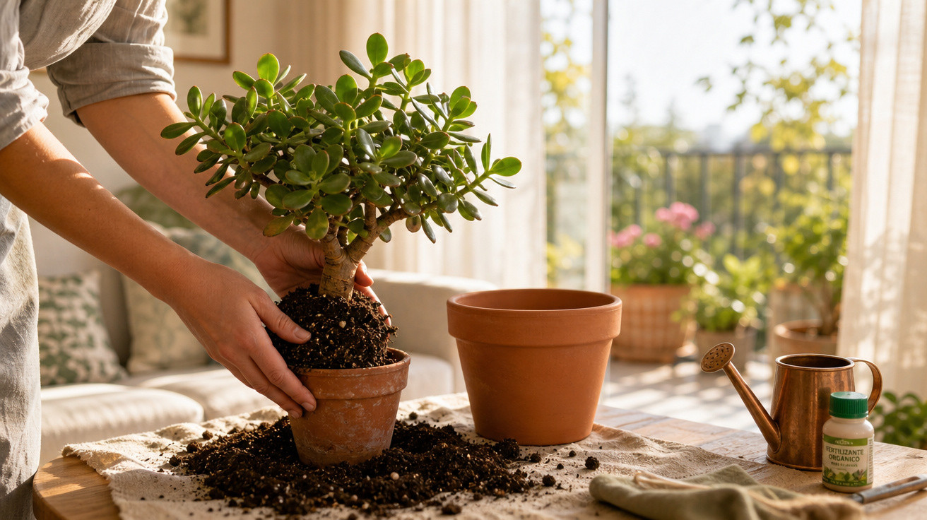 Pessoa a transplantar planta suculenta em vaso de barro numa mesa com terra, regador e fertilizante orgânico.