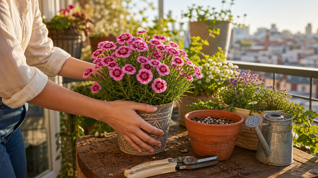 Pessoa a segurar vaso com flores cor de rosa numa varanda com outros vasos e ferramentas de jardinagem.