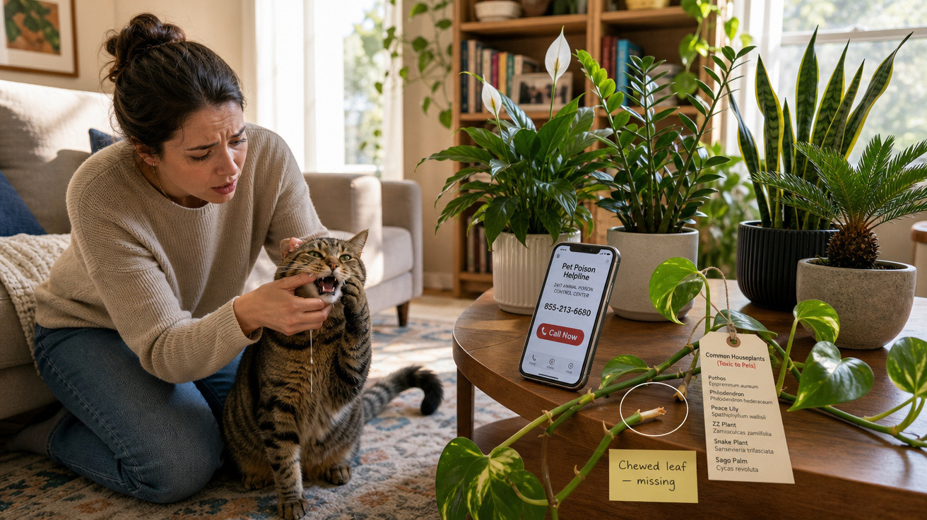 Mulher a examinar a boca de um gato, perto de uma mesa com plantas e um telemóvel com linha de ajuda para animais.