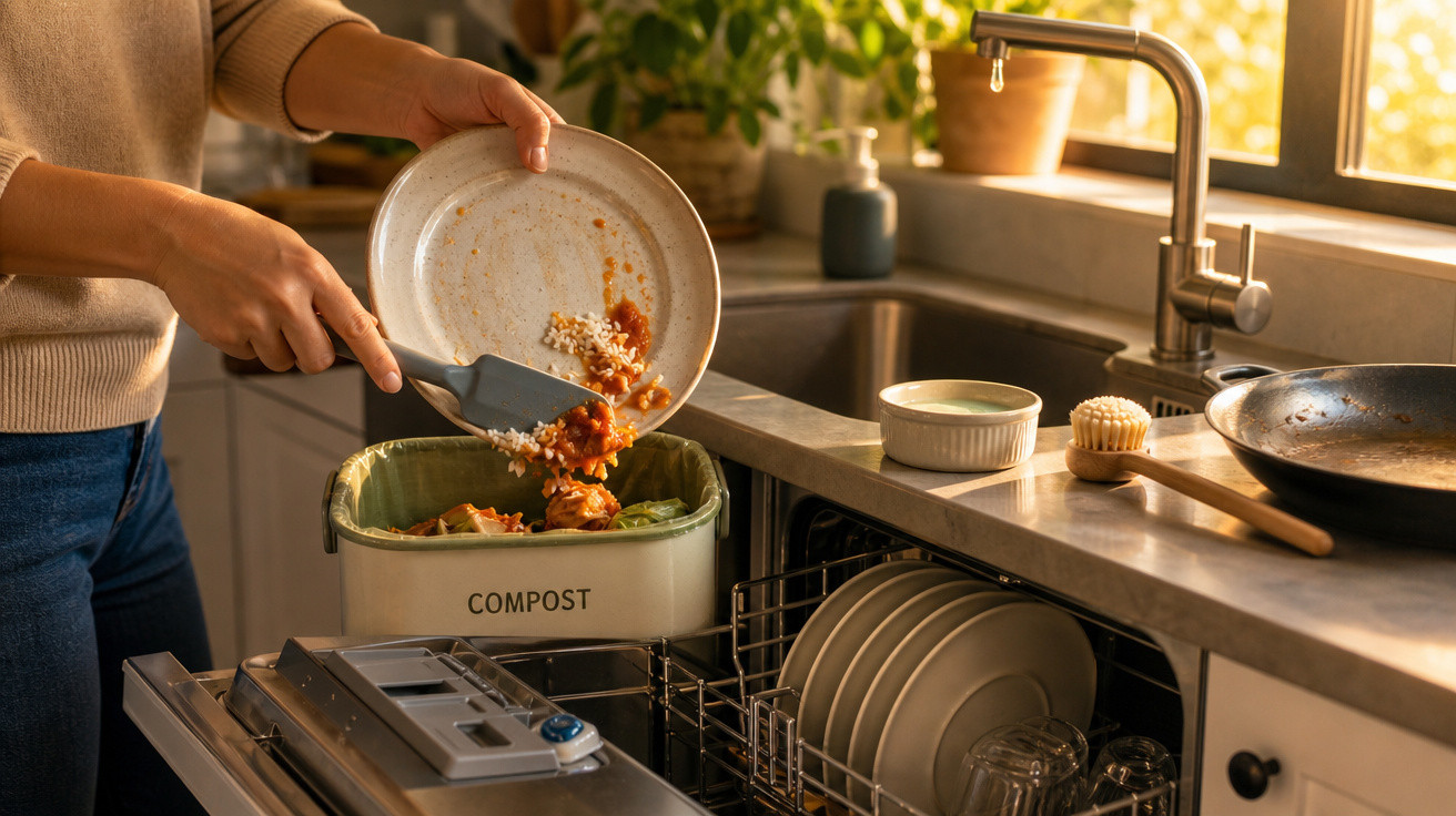 Pessoa a limpar um prato e a colocar restos alimentares numa caixa de compostagem na cozinha.