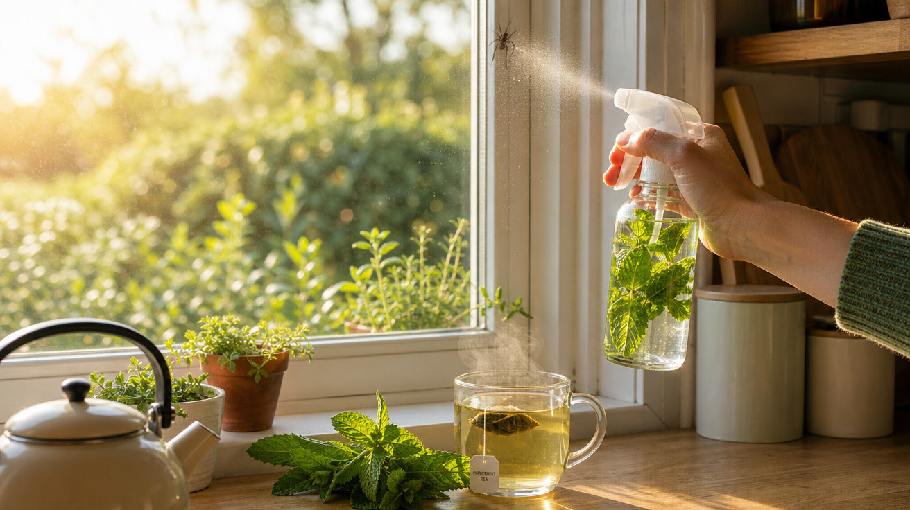 Mão a borrifar vinagre com hortelã numa janela para afastar aranha, chá de ervas a vapor, luz natural.