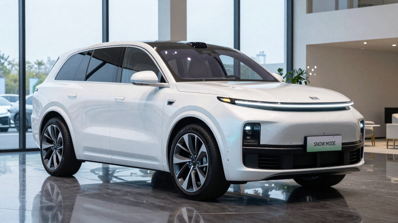 Carro elétrico SUV branco moderno estacionado numa sala com janelas grandes e piso refletivo.