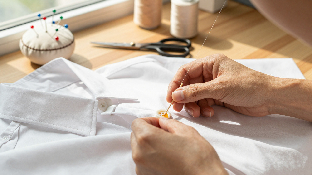 Mãos a coser botão numa camisa branca com tesoura, carretéis de linha e almofada de alfinetes ao fundo.