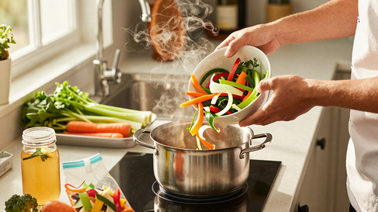 Pessoa a cozinhar legumes frescos numa panela a vapor numa cozinha luminosa e moderna.