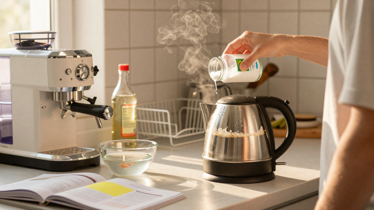 Pessoa a adicionar sal numa chaleira elétrica fumegante numa cozinha iluminada.