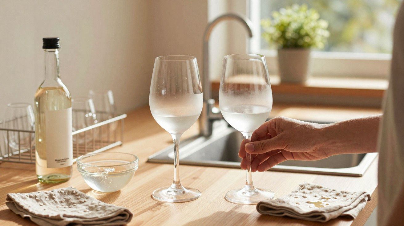 Mão a pegar copo de vinho com água numa cozinha com garrafa, toalhas e pia ao fundo.