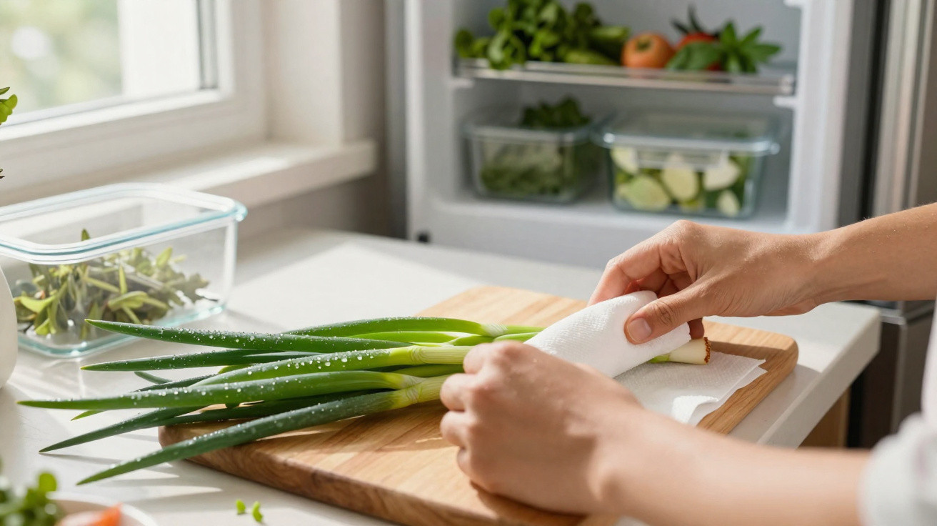 Mãos a secar cebolinhos frescos numa tábua de madeira numa cozinha moderna com alimentos frescos no fundo.