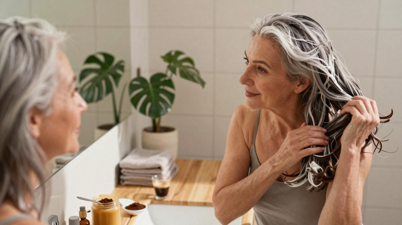 Mulher idosa a lavar o cabelo com champô, olhando para o espelho numa casa de banho moderna.