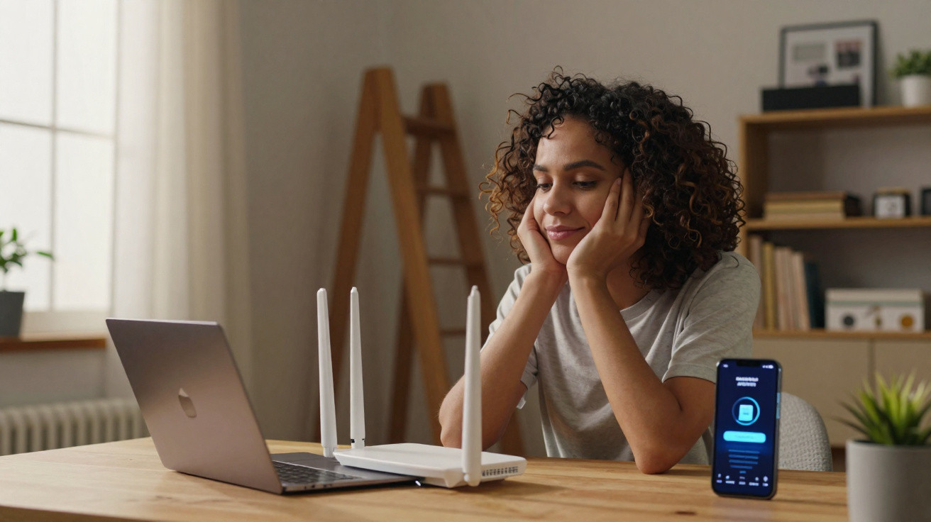 Mulher sentada à mesa com computador portátil, router e smartphone, verificando a ligação à internet.