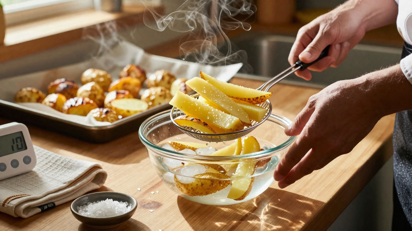 Mãos a mergulhar batatas fritas recém-assadas em água fria numa cozinha luminosa.