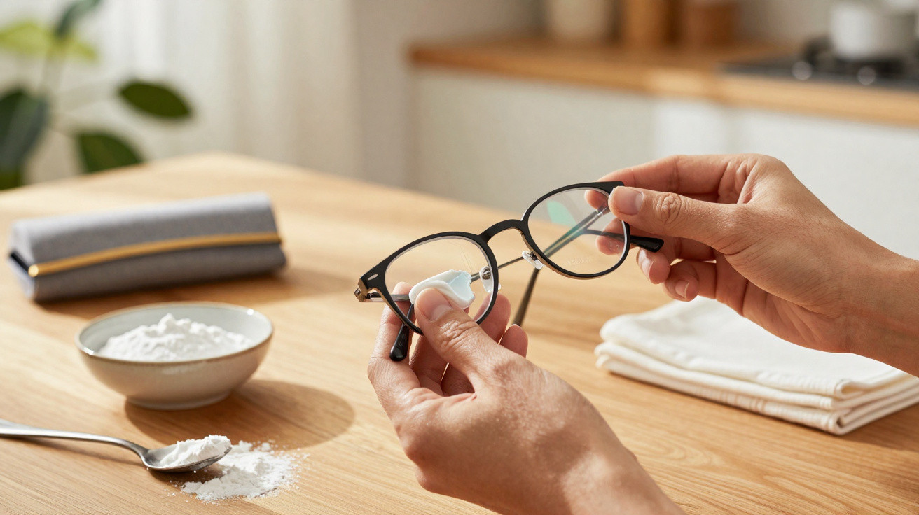 Pessoa a limpar óculos com um pano branco numa mesa de madeira, com tigela e colher de pó branco.
