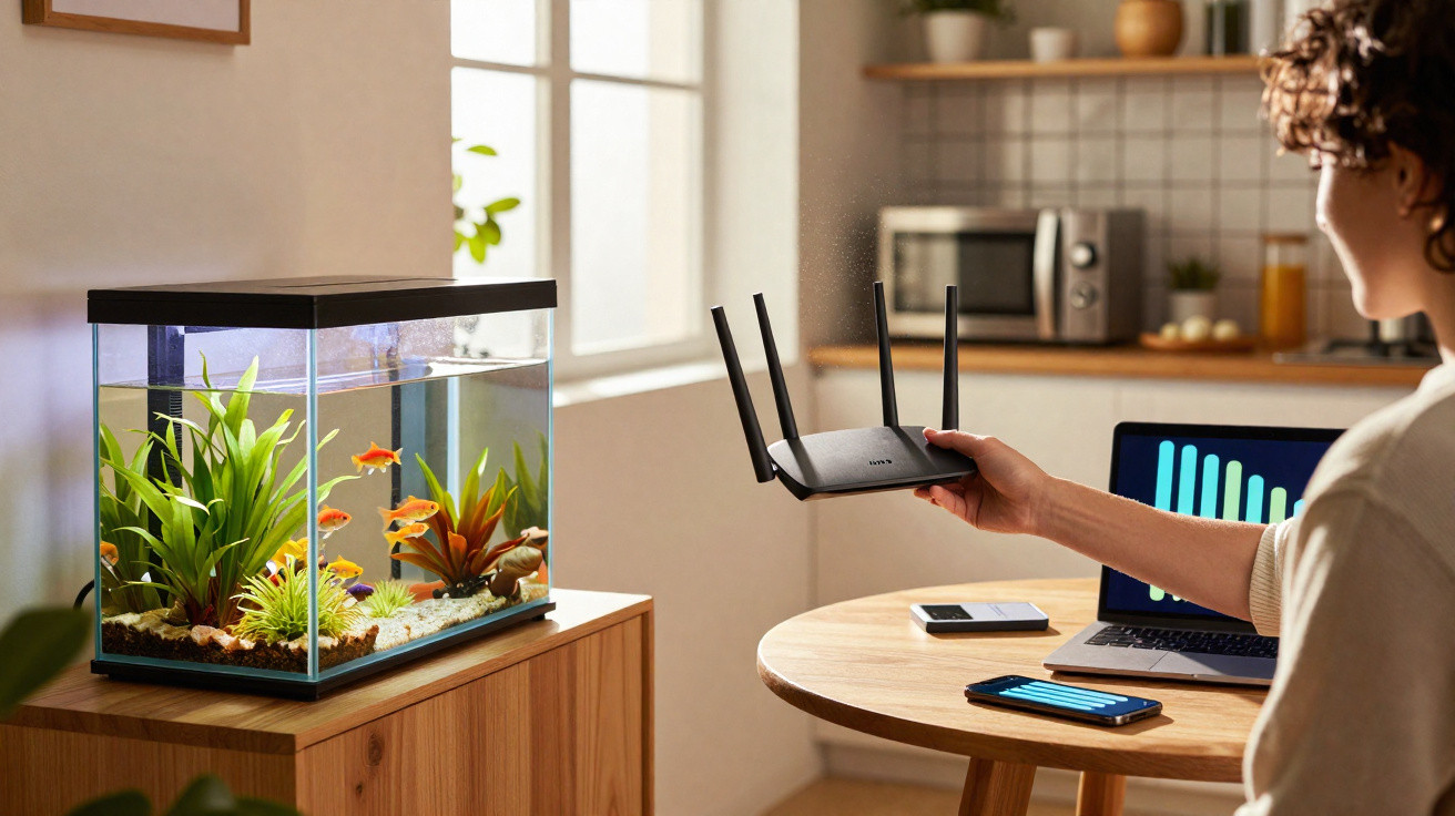 Pessoa sentada numa mesa segurando router Wi-Fi, com computador, telemóvel e aquário com peixes ao lado.