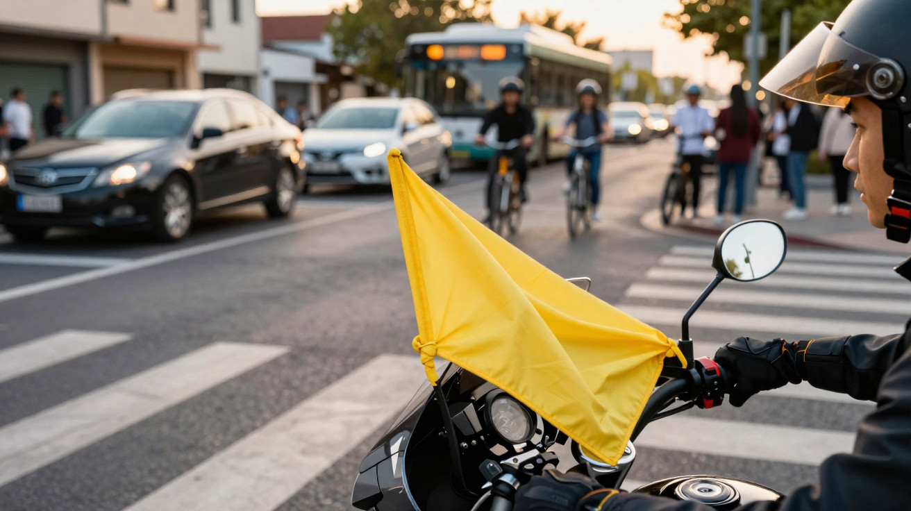 Motociclista com capacete e bandeira amarela em cruzamento com carros, bicicletas e autocarro ao fundo.