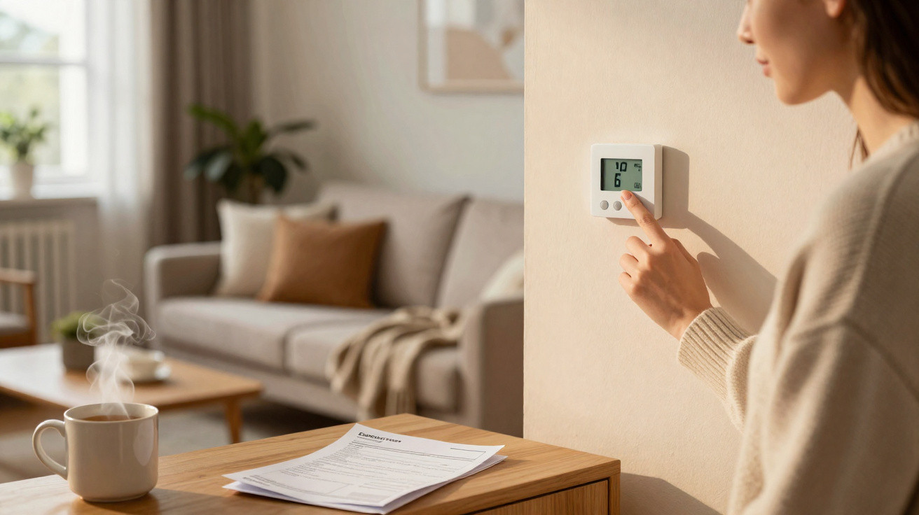 Pessoa ajusta termostato numa sala de estar luminosa com sofá, mesa com chá quente e documentos.