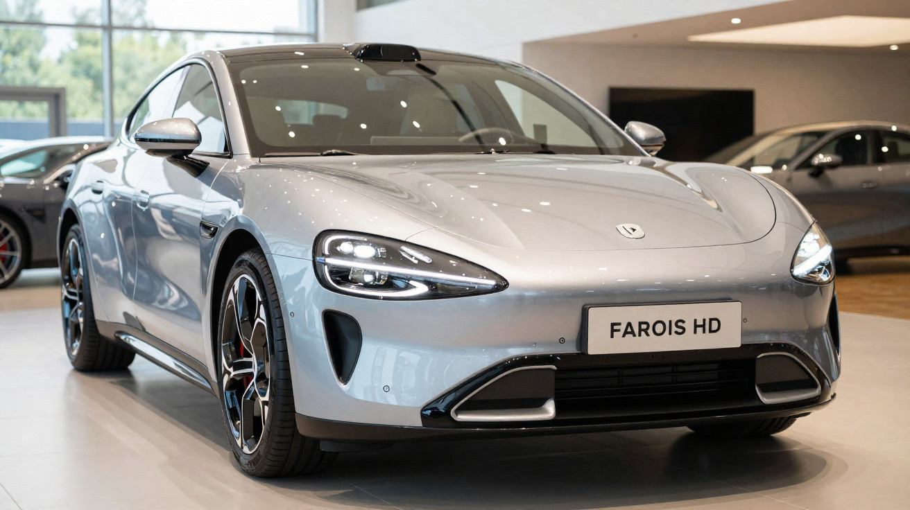 Carro desportivo prateado estacionado em interior, com faróis LED acesos e jantes desportivas.