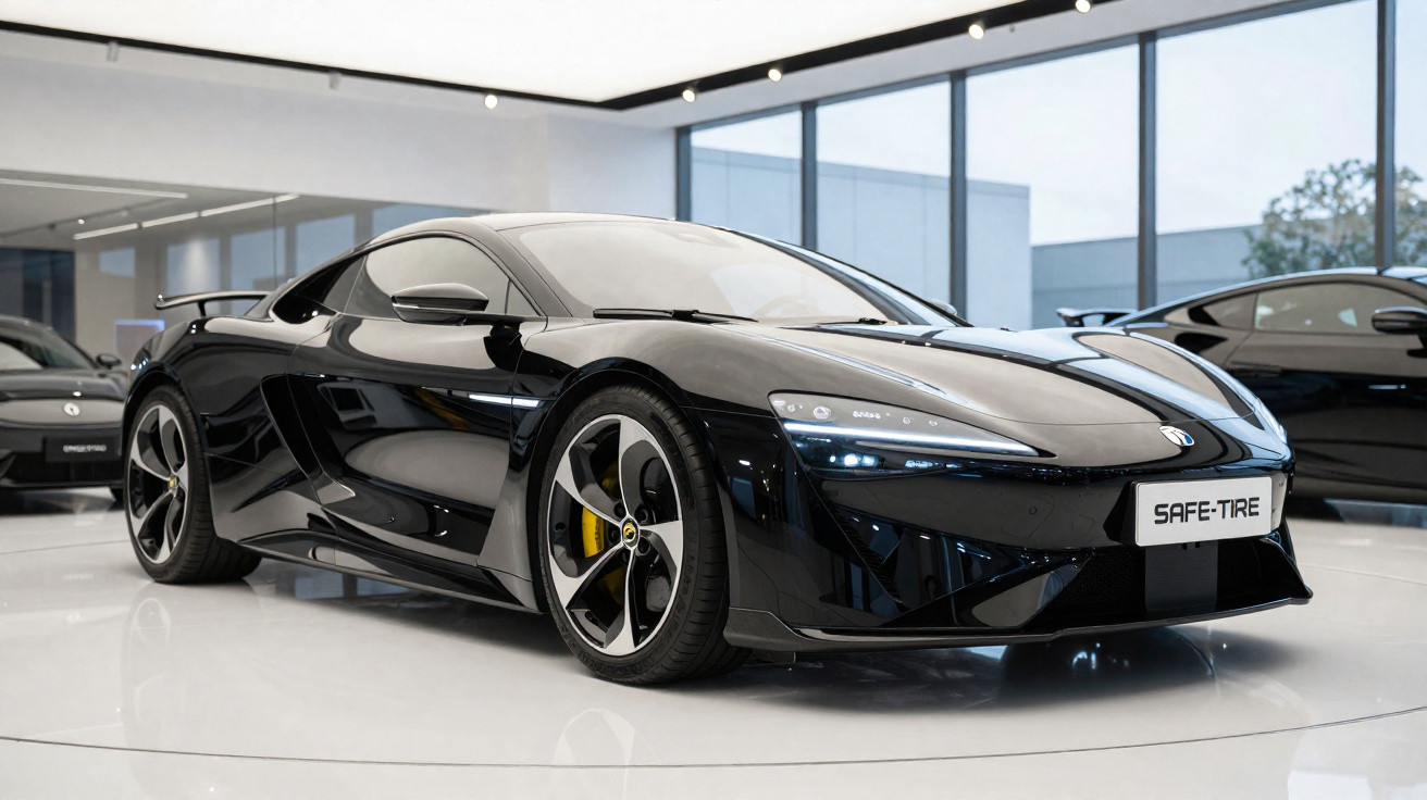 Carro desportivo preto com design aerodinâmico em exposição numa sala moderna e iluminada.