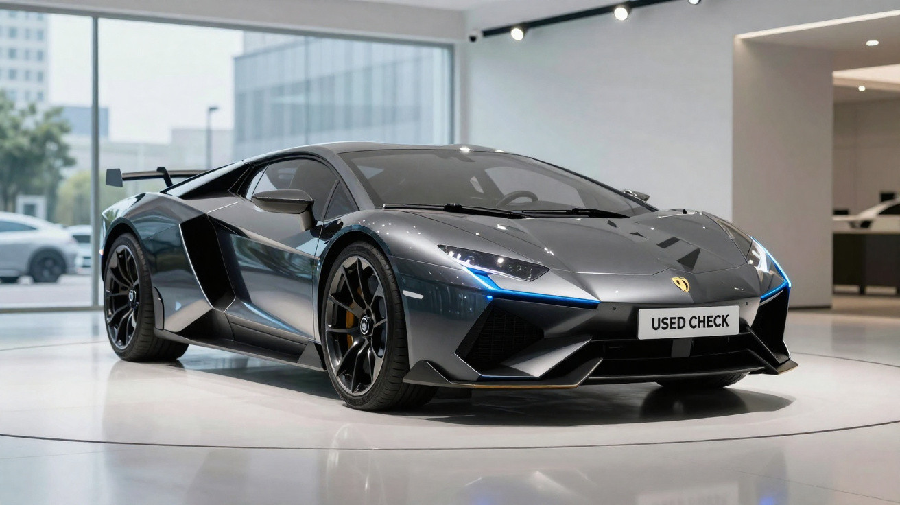 Carro desportivo cinza metálico com luzes LED azuis numa exposição moderna interior.
