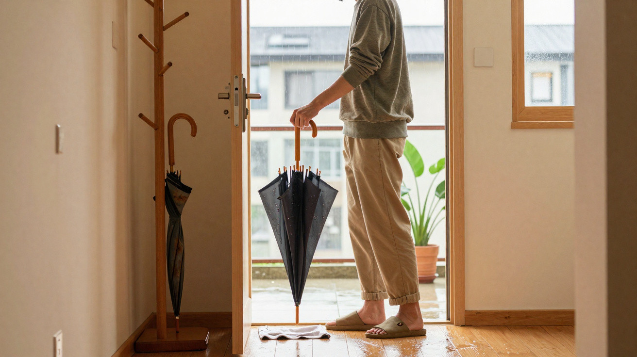 Pessoa em casa a secar um guarda-chuva molhado na entrada durante um dia de chuva.