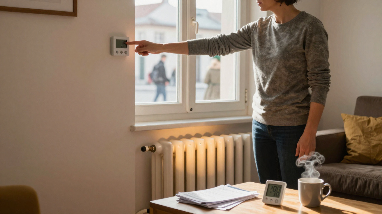 Pessoa a ajustar o termostato numa sala com radiador, mesa com documentos e chá fumegante.