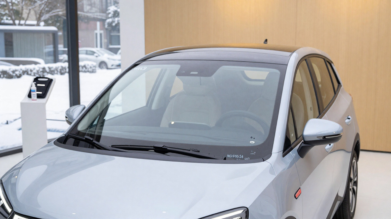 Carro elétrico cinza estacionado dentro de sala de exposição com janela e neve do lado de fora.