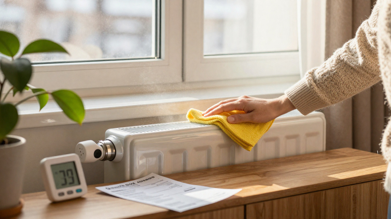 Pessoa a limpar um radiador branco com um pano amarelo numa janela com planta e termómetro digital próximo.