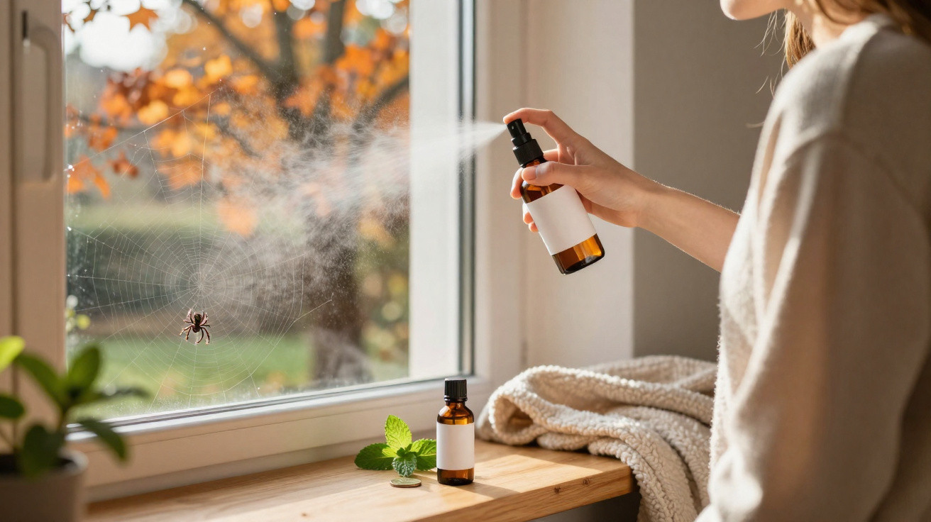 Pessoa a borrifar spray numa teia de aranha junto a uma janela com plantas e manta ao lado.