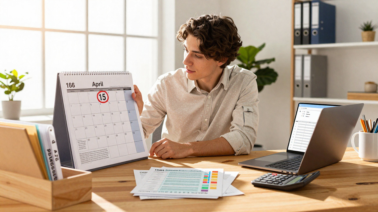 Jovem sentado na mesa do escritório a mostrar um calendário com o dia 15 de abril marcado a vermelho.