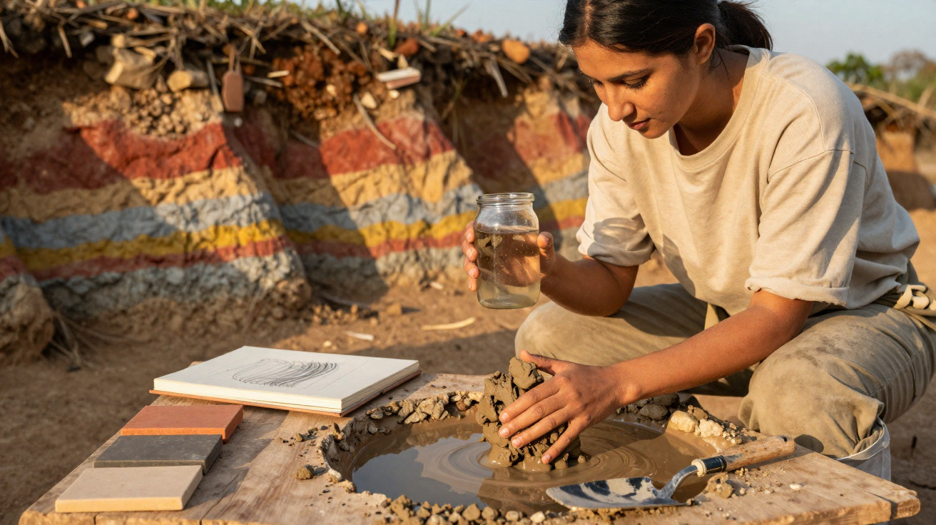 Mulher a moldar barro húmido numa mesa ao ar livre, com jarro de água e amostras de materiais ao lado.