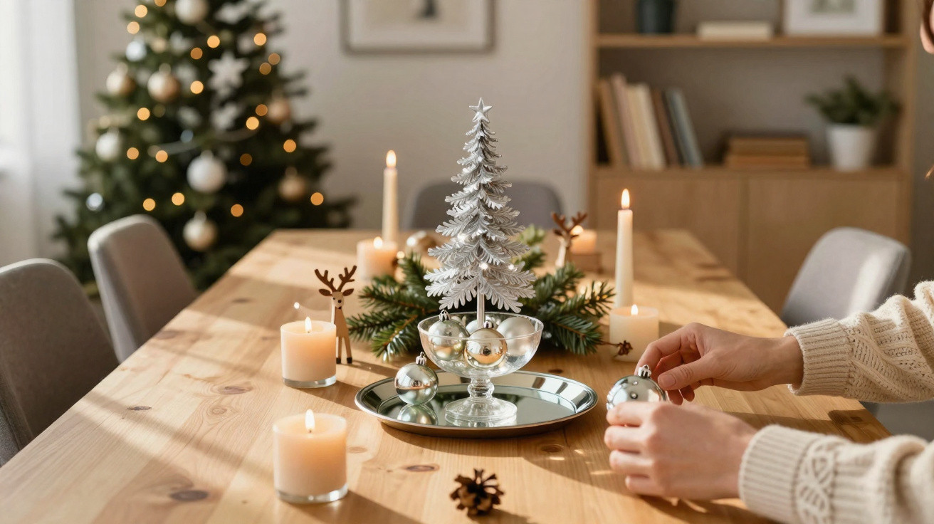Mesa de madeira decorada com velas e ornamentos natalícios, árvore de Natal desfocada ao fundo.