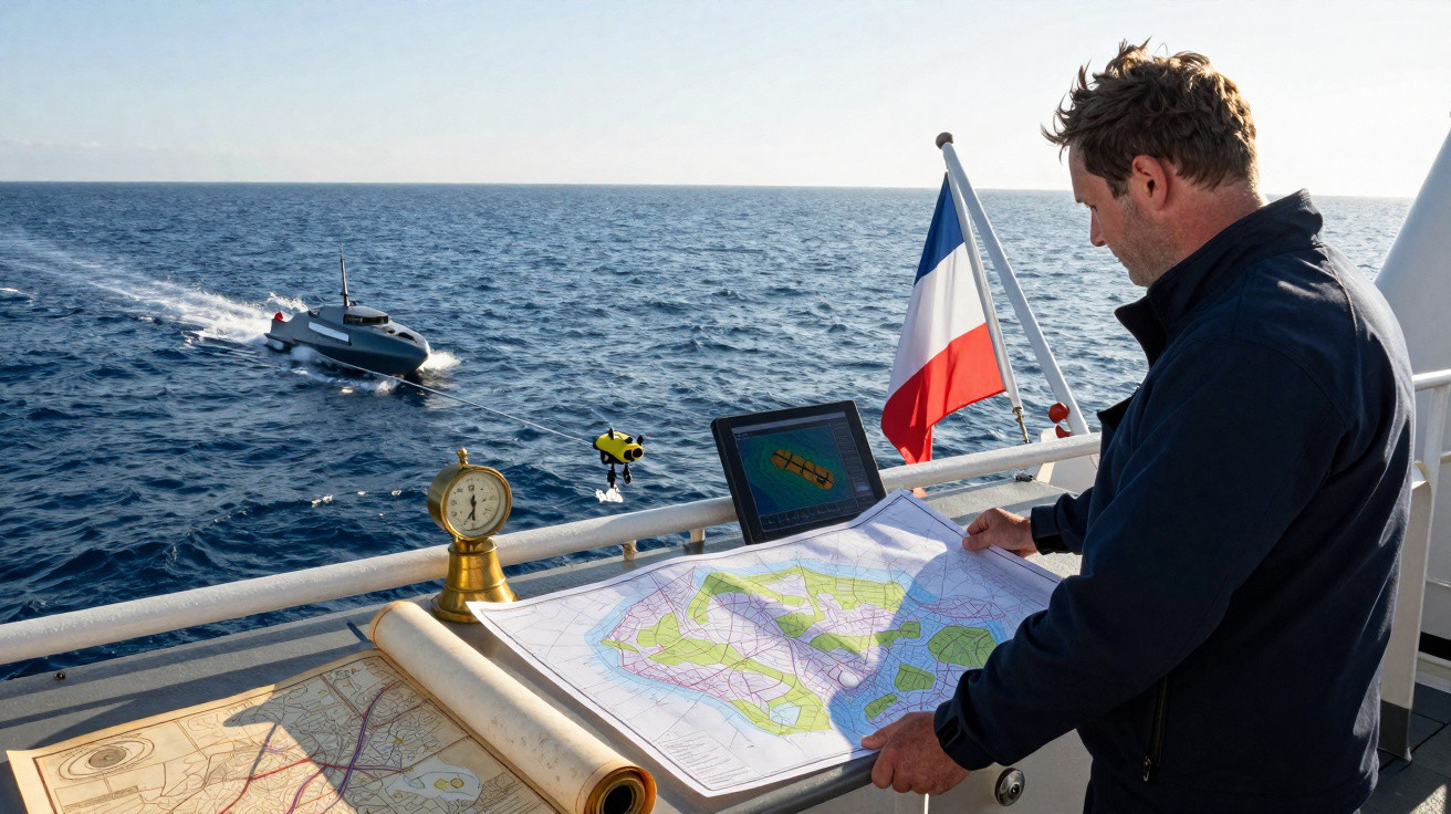 Homem a estudar mapas náuticos no convés de um barco, próximo a um submarino em mar aberto com bandeira francesa.