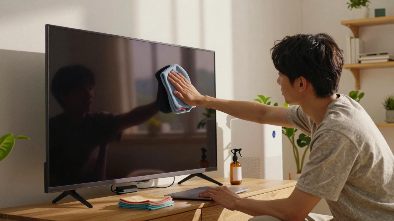 Jovem a limpar e polir o ecrã de uma televisão numa sala iluminada de forma natural.