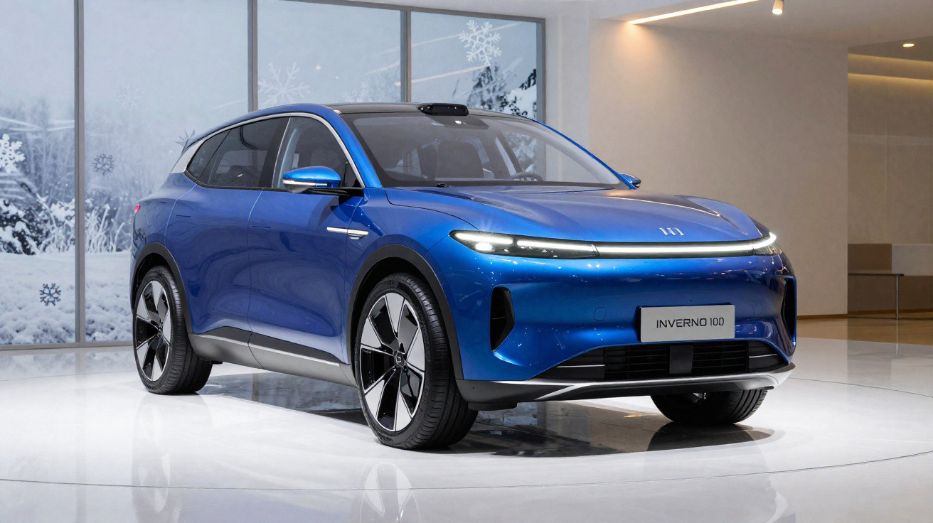 Carro elétrico SUV azul numa exposição interior com janela grande mostrando paisagem de inverno.